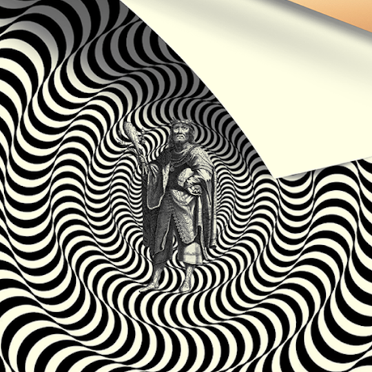 A black and white swirl image of a tyrant in the center.