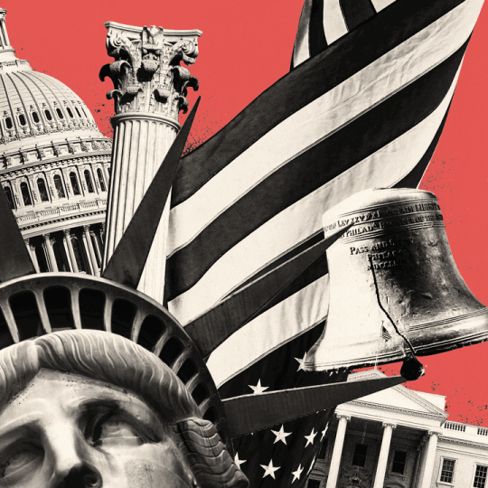 A collage of American symbols like the Statue of Liberty and the Liberty Bell.