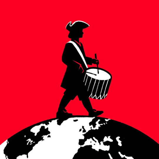 An illustration of a colonial American drummer boy walking around the globe.