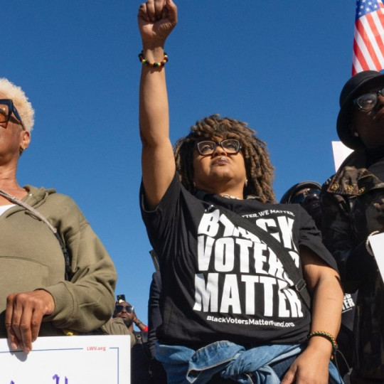 Demonstrators hold signs supporting voting rights.