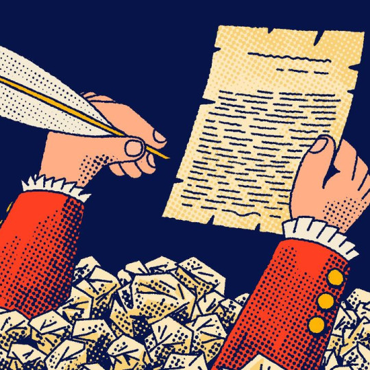 Two cartoon hands emerging from a pile of crumpled up papers, one clutching a quill, the other a document.