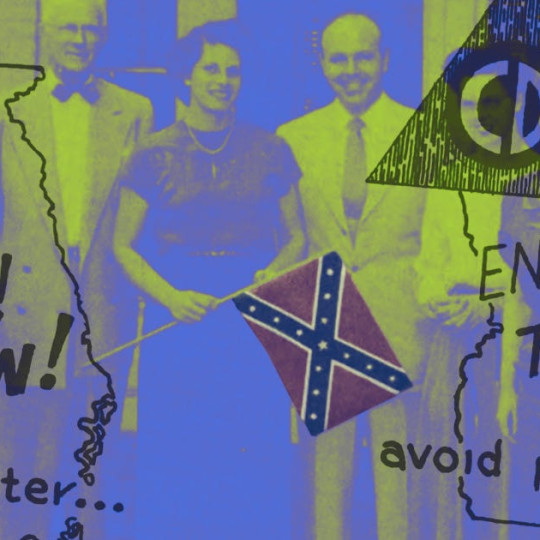 Collage featuring a propaganda poster for Civil Defense in Georgia, featuring woman holding Confederate flag.