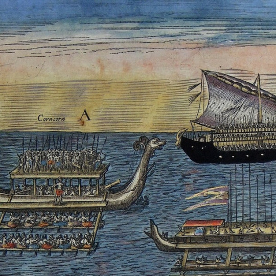 Ancient warships rowing and sailing alongside each other as warriors wield spears atop the decks.