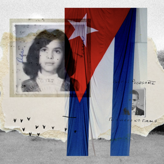The Cuban flag interposed over passport photos of children and an open field.