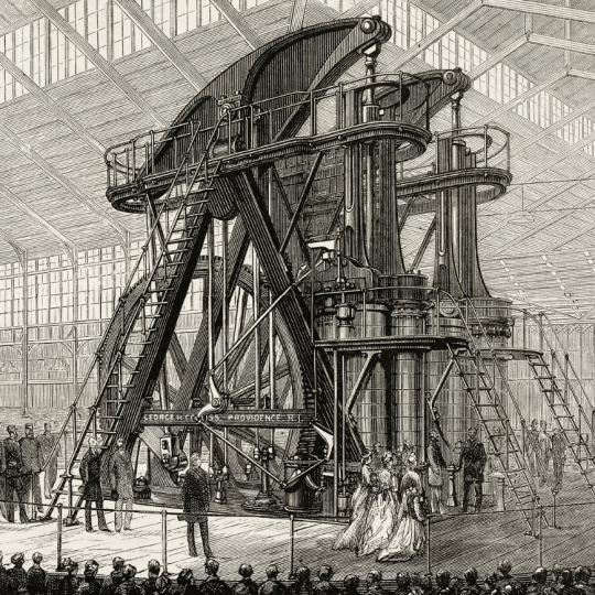 Well dressed individuals atop a stage gaze upon an enormous machine inside a large building.