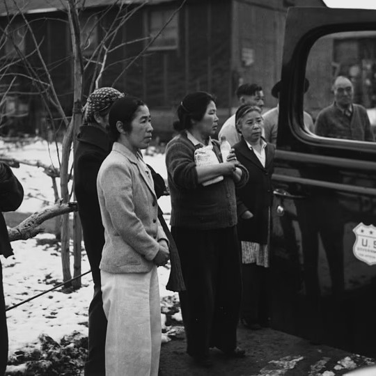 Black and white photograph of Manzanar Relocation Center in 1943.