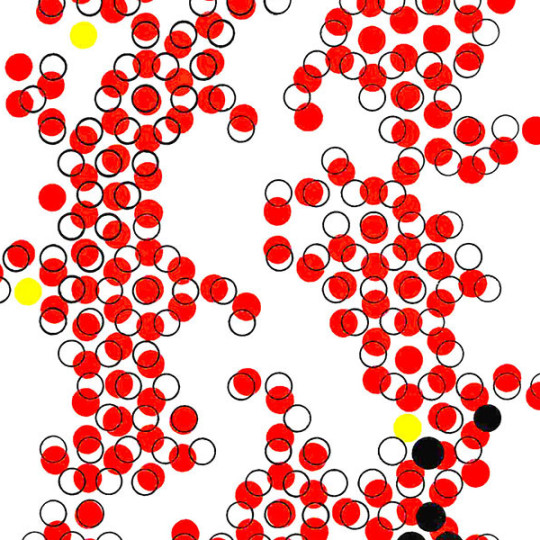 Grouping of red, white, and yellow circles.