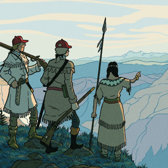 Cartoon of Meriweather Lewis, William Clark, and Sacagawea looking out over a ridge.