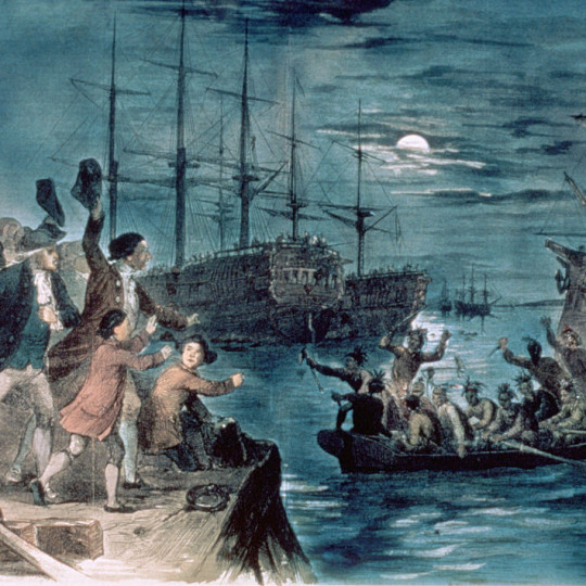 A painting of the Boston Tea Party.