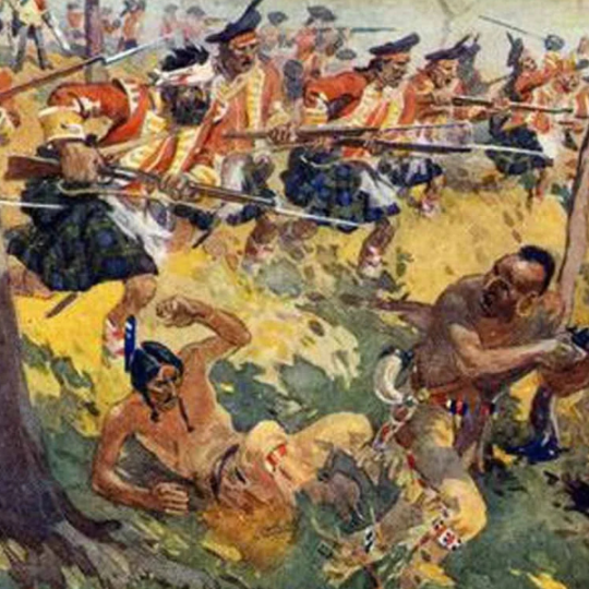 Scottish troops charge through the forest at fleeing Native Americans, bayonets drawn.