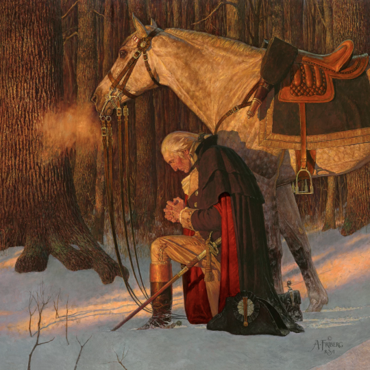 George Washington kneels in the snow in prayer.