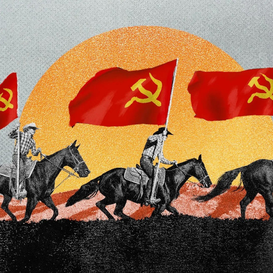 Collage of three cowboys on horses holding communist flags.