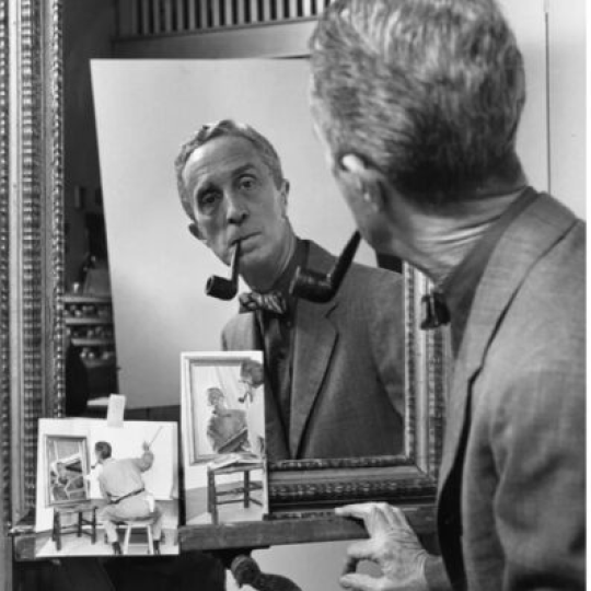 A photograph of Norman Rockwell looking in a mirror next to his self-portrait.