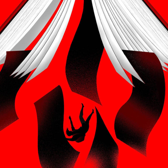 A silhouette of a person and black pages falling from a large book of white pages, a red background evoking a fire and burnt pages under the book.