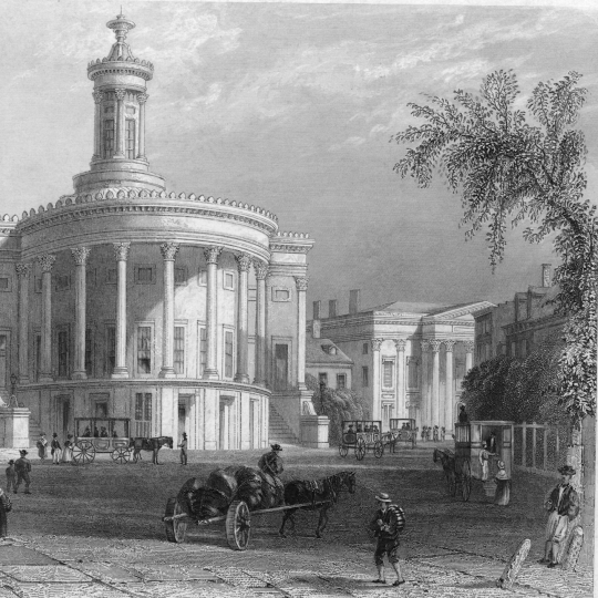 Horses and carriages drive about in front of large pillared buildings.