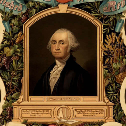 Portrait of George Washington, surrounded by portraits of other important founders.