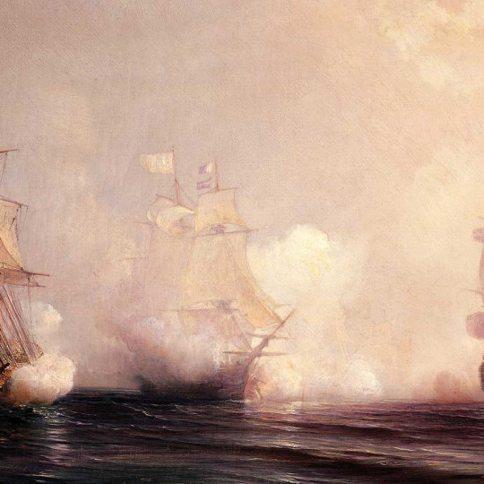 Painting of a naval battle off the Chesapeake.