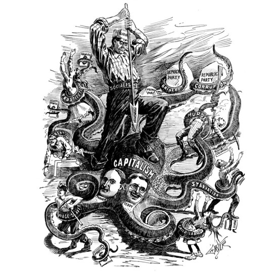 Political cartoon depicting socialism destroying capitalism's evils through franchisement