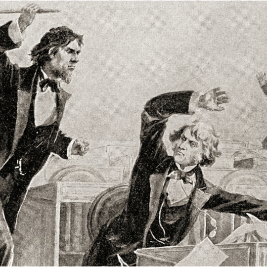 Preston Brooks raises his cane to strike Charles Sumner on the Senate floor.