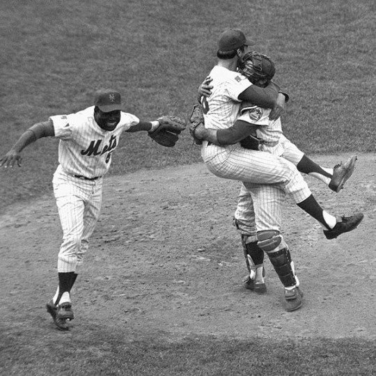 Ed Charles, Jerry Koosman, and Jerry Grote celebrating the New York Mets’ World Series win against the Baltimore Orioles at Shea Stadium, Queens, New York, October 16, 1969.