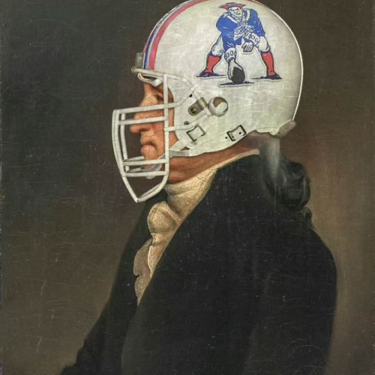 George Washington wearing a football helmet.