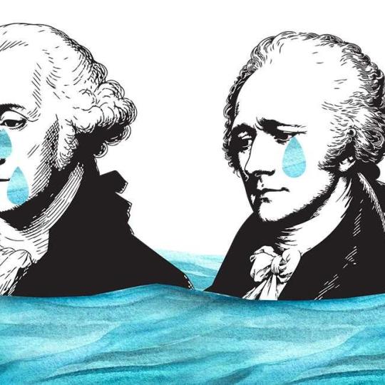 George Washington and Alexander Hamilton, drawn to be crying, and up to their shoulders in water/tears.