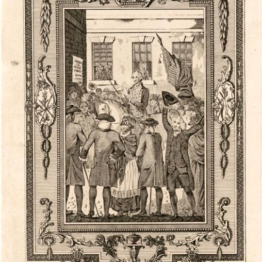 A drawing of the Declaration of Independence being announced to a crowd.