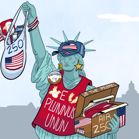 Illustration of the Statute of Liberty holding a 250 bag and carrying tacky merch with misspellings.