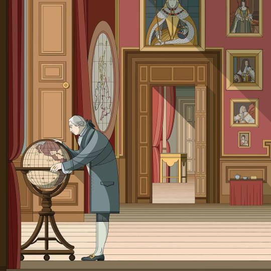 Wealthy eighteenth century European man looking at North America on a globe