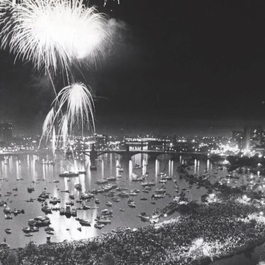 Fourth of July fireworks seen over the Charles River Esplanade in Boston, 4 July 1976.