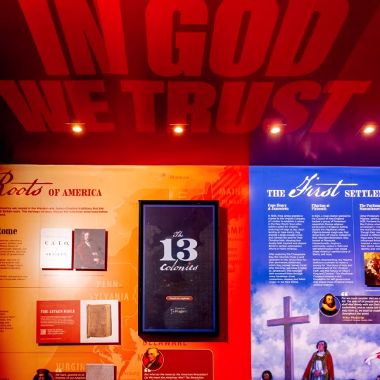 Exhibit with lots of text and Christian references inside of a 