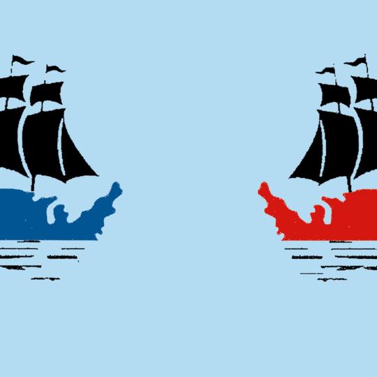 Two illustrated ships shaped like the continental United States sail towards one another. The left is blue. The right is red.