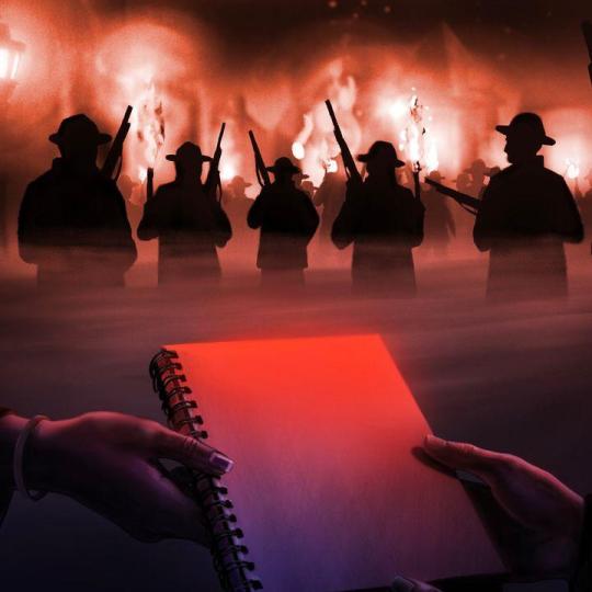 One person passes a notebook to another, while armed men watch a building burn.