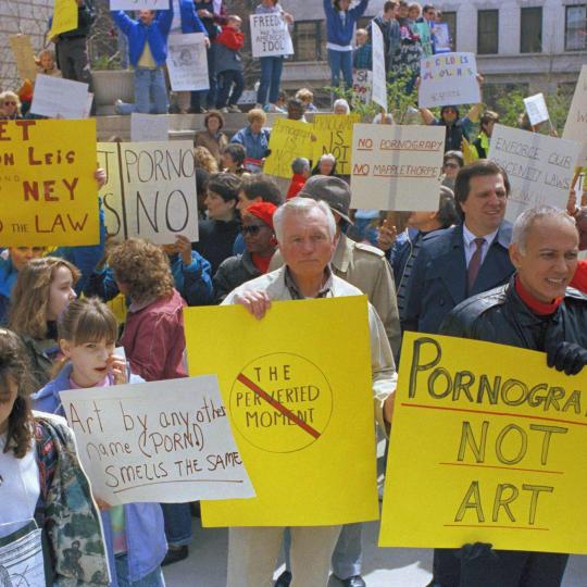 Protest outside of Hamilton Country courthouse in downtown Cincinnati, April 6, 1990