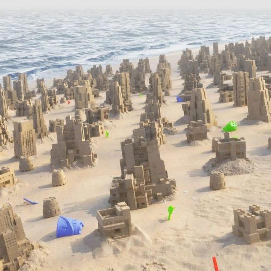 A city skyline built out of sand on a beach.