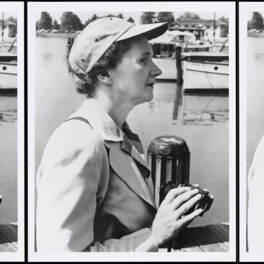 Rachel Carson stands on a dock holding binoculars.