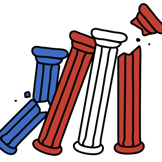 Red, white, and blue pillars toppling over and smashing.