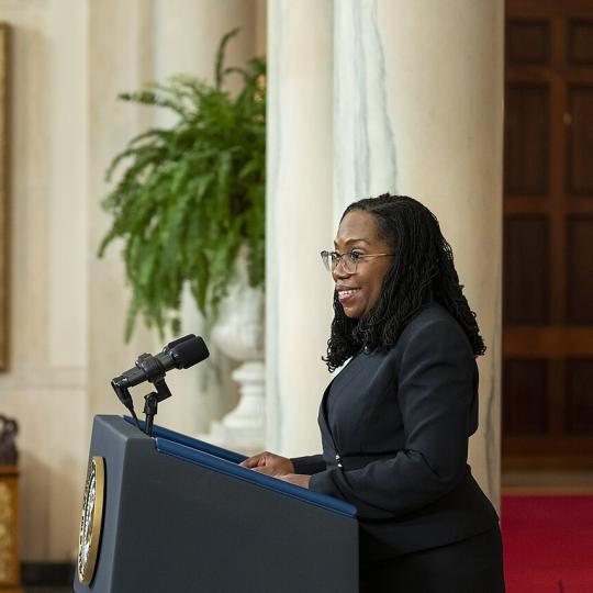 Ketanji Brown Jackson speaks at a podium.
