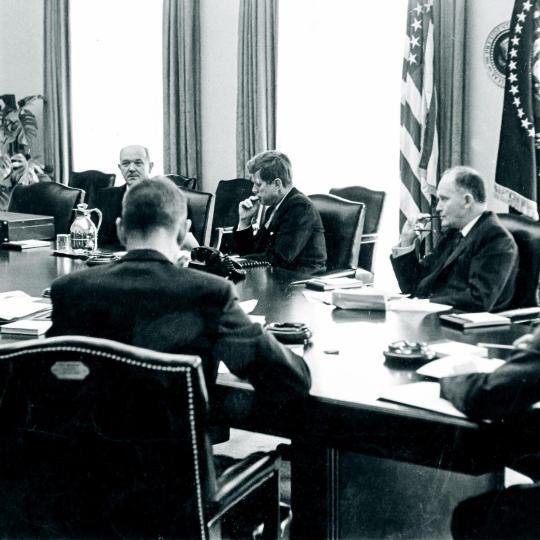 U.S. President John F. Kennedy holds emergency talks at the White House in September 1962.
