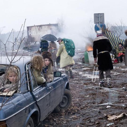 A dystopian future in which people flee major metropolitan areas.