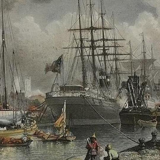 Ships in a harbor in the 18th century.