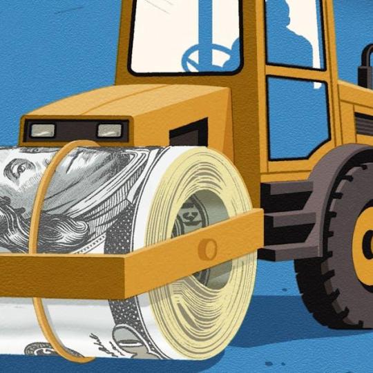 A roll of $100 bills as a steamroller's roller.