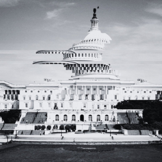 U.S. Capitol building with its dome sliced and stacked precariously.