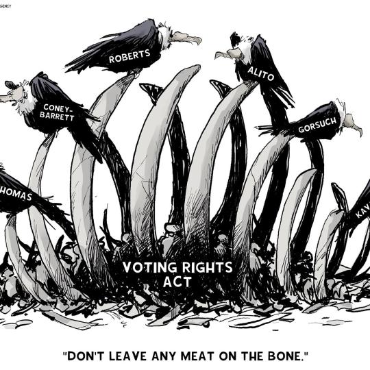 Political cartoon depicting Supreme Court justices as vultures on the carcass of the Voting Rights Act.