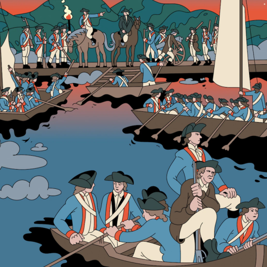 Continental soldiers in rowboats.