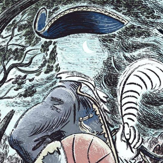 An invisible man in 18th-century garb, holding a basketball.