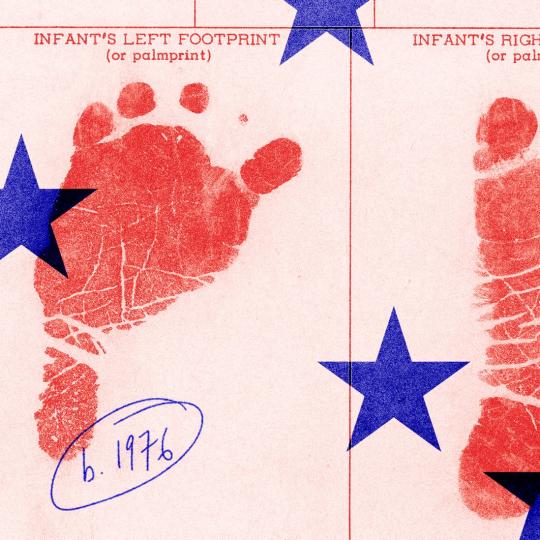 Baby footprints in red, with blue stars, birthdate 1976.