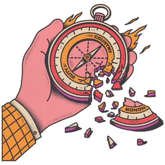 A hand holding a broken (moral) compass.