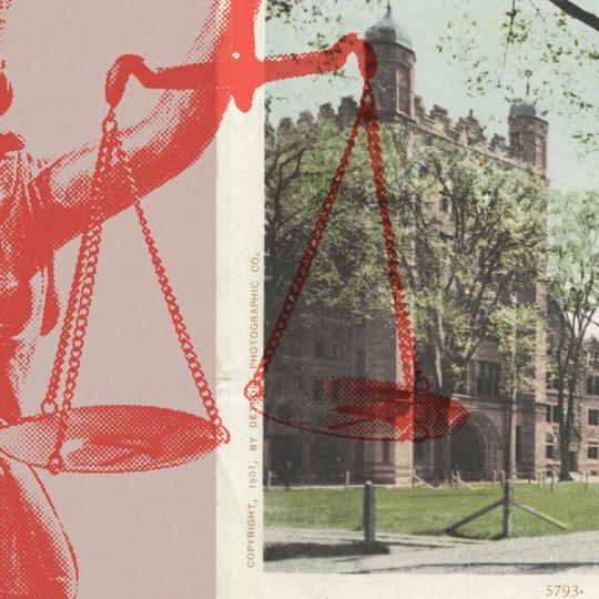 Illustration featuring Lady Justice, Phelps Hall and Lyceum at Yale University's old campus.
