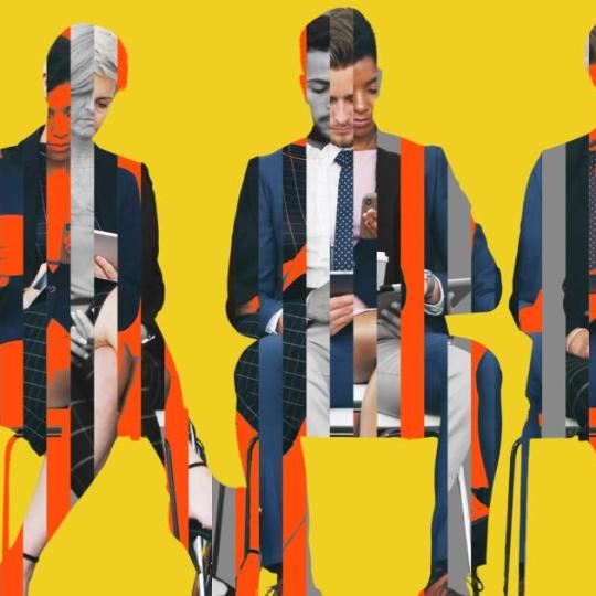 Photo-based illustration showing collages of people sitting as if waiting to be interviewed